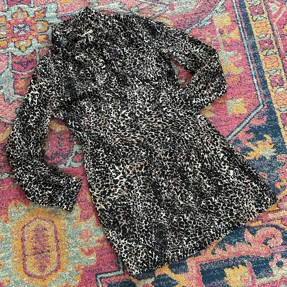 Avec Les Filles | Women’s Black/Tan Long-Sleeve Leopard Print Shirt Dress Size M